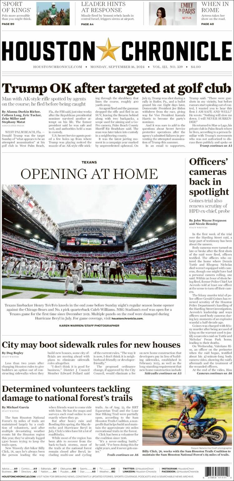 Portada de Houston Chronicle (USA)