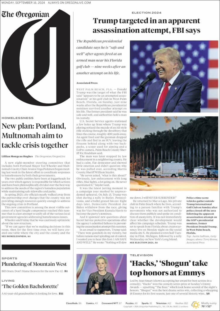 Portada de The Oregonian (USA)