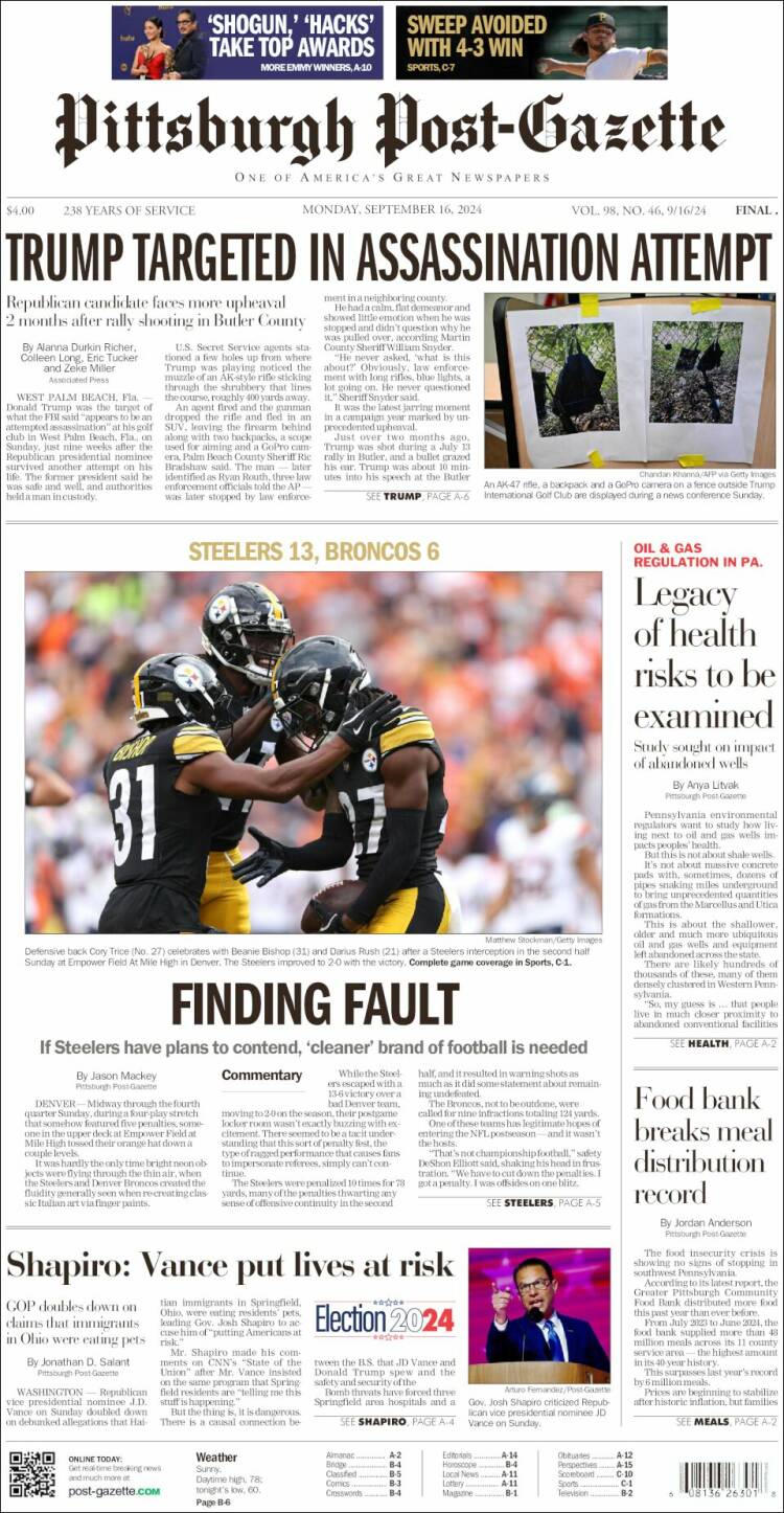 Portada de Pittsburgh Post-Gazette (USA)