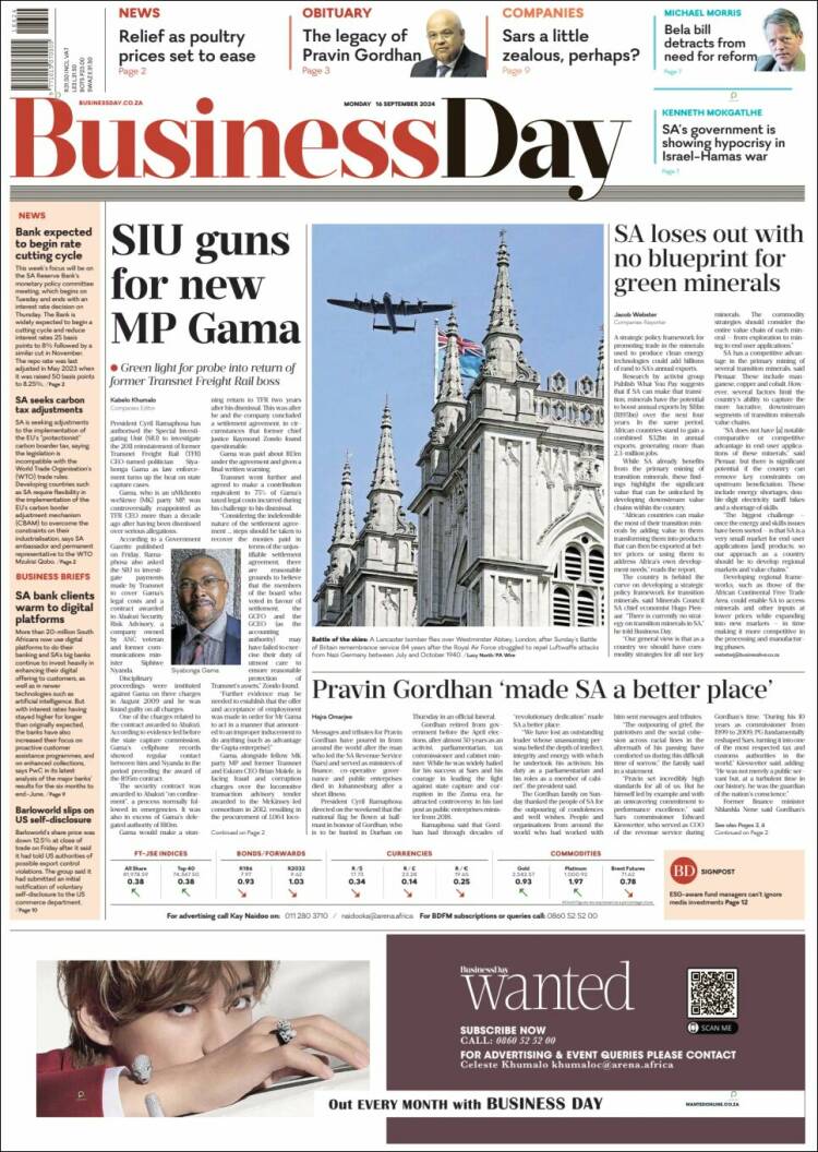 Portada de Business Day (Sud&aacute;frica)