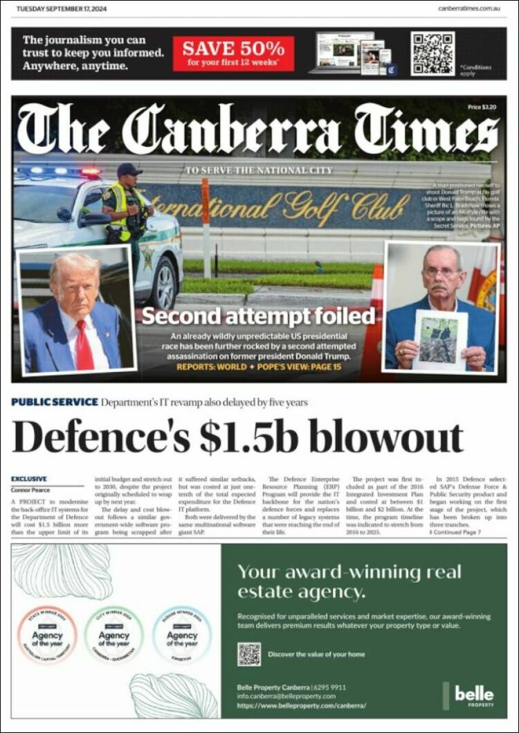 Portada de The Canberra Times (Australia)