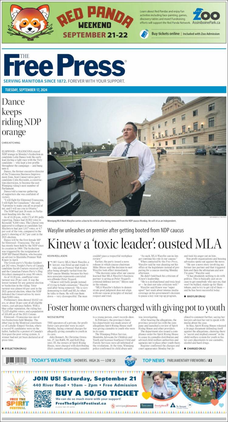 Portada de Winnipeg Free Press (Canadá)