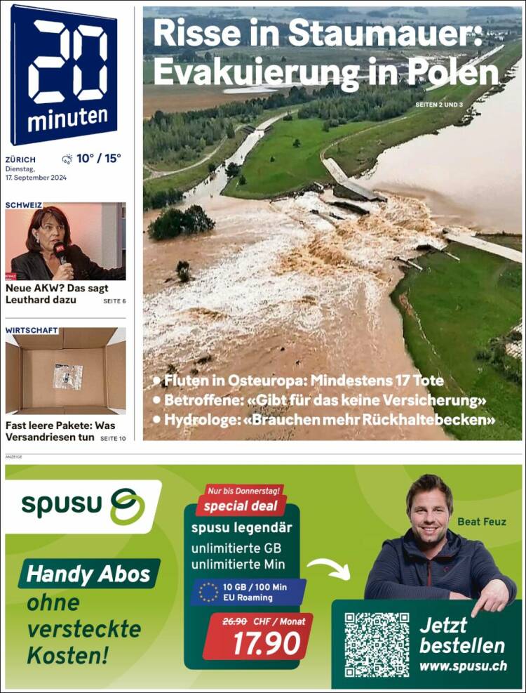 Portada de 20Minuten - Zürich (Suiza)