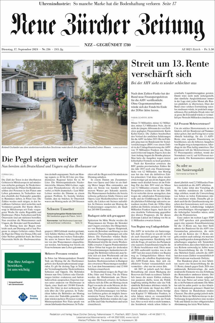 Portada de Neue Zürcher Zeitung (Suiza)