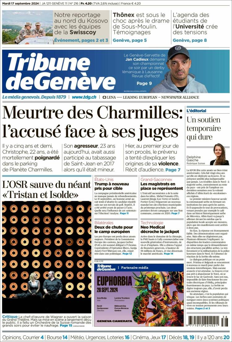 Portada de La Tribune de Genève (Suiza)