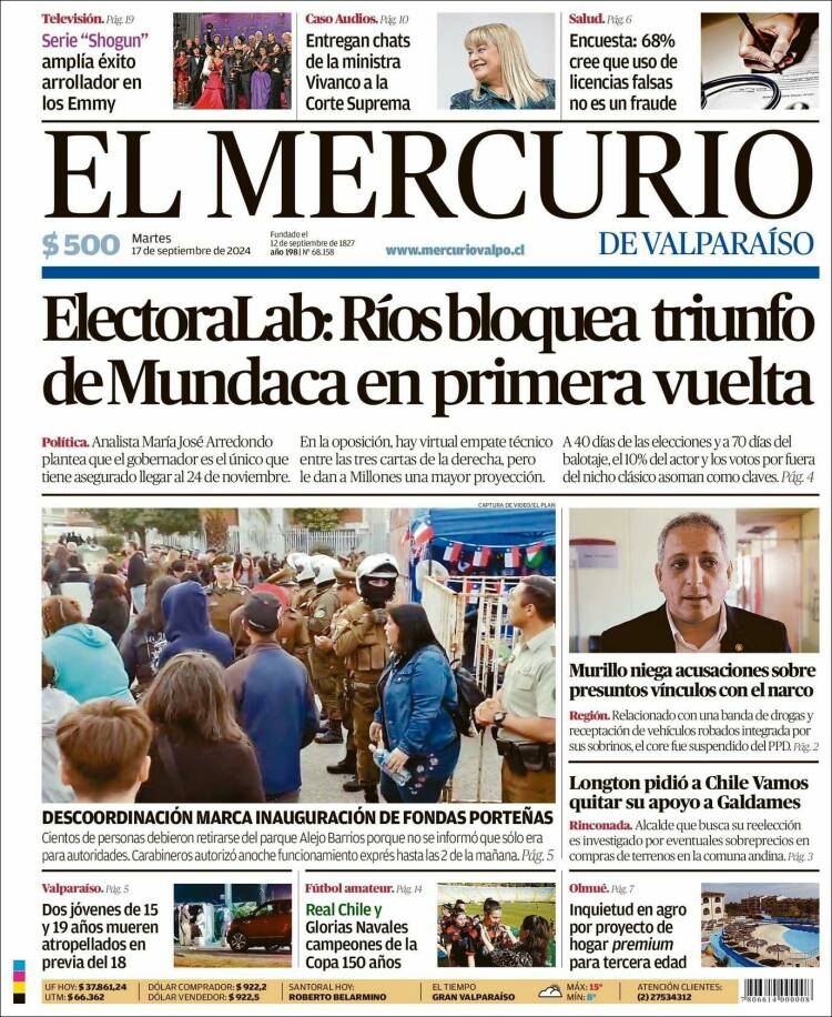 Portada de Mercurio de Valparaiso (Chile)