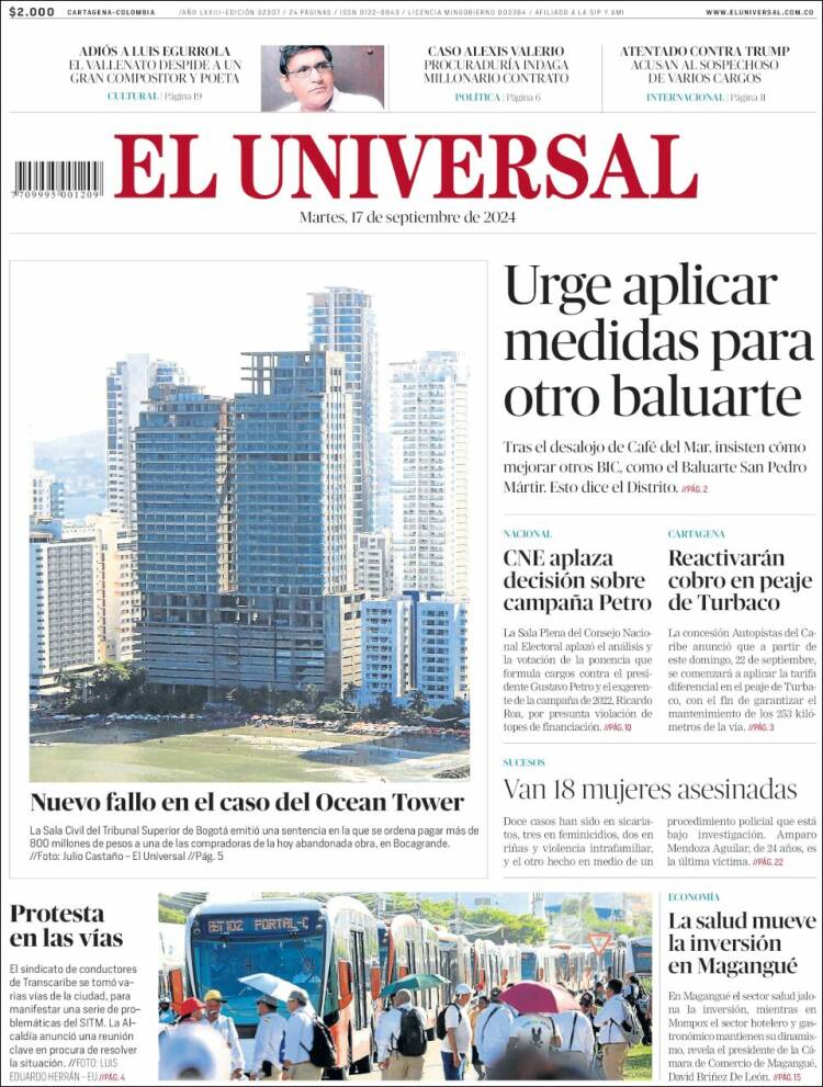 Portada de El Universal (Colombia)