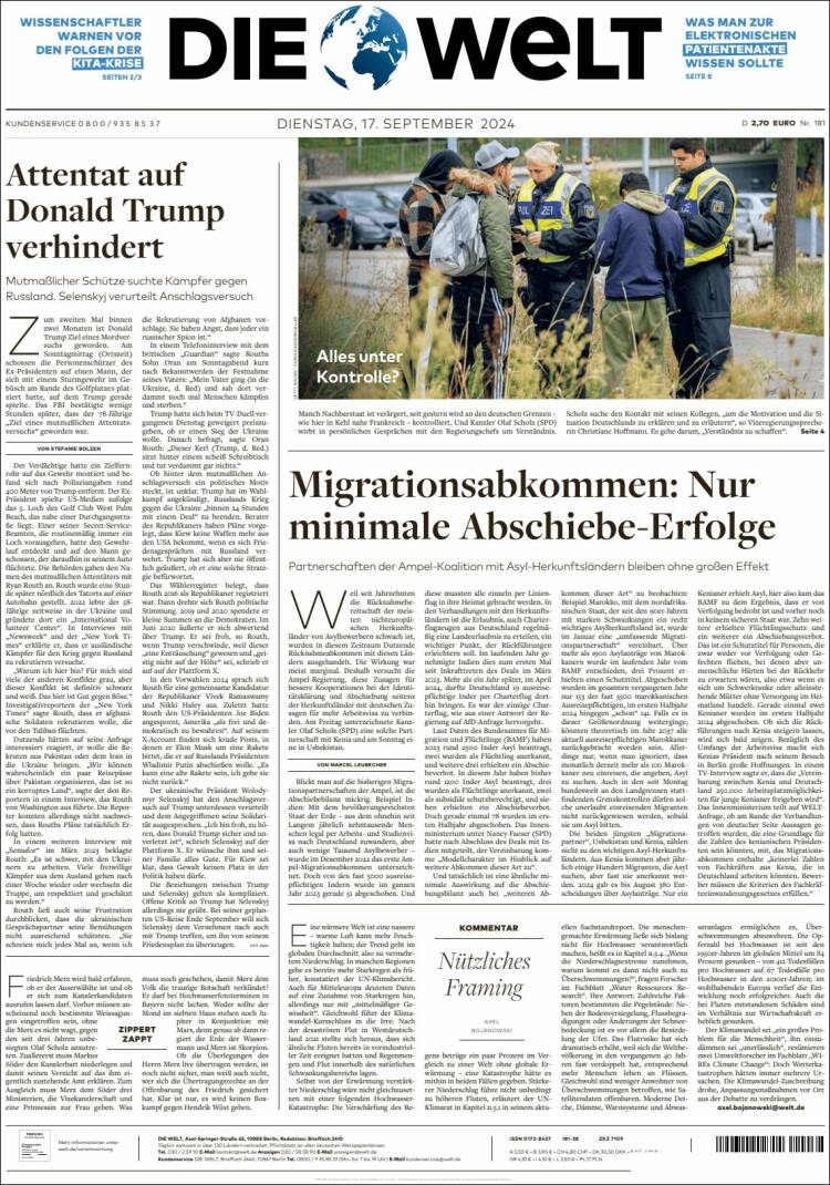 Portada de Die Welt (Alemania)