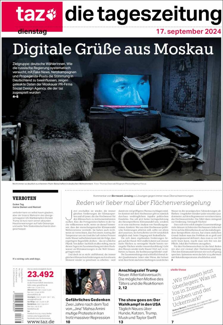 Portada de Die Tageszeitung (Alemania)