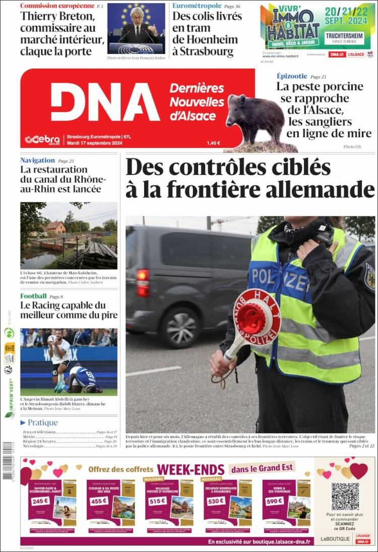Portada de Les Dernières Nouvelles d'Alsace (Francia)