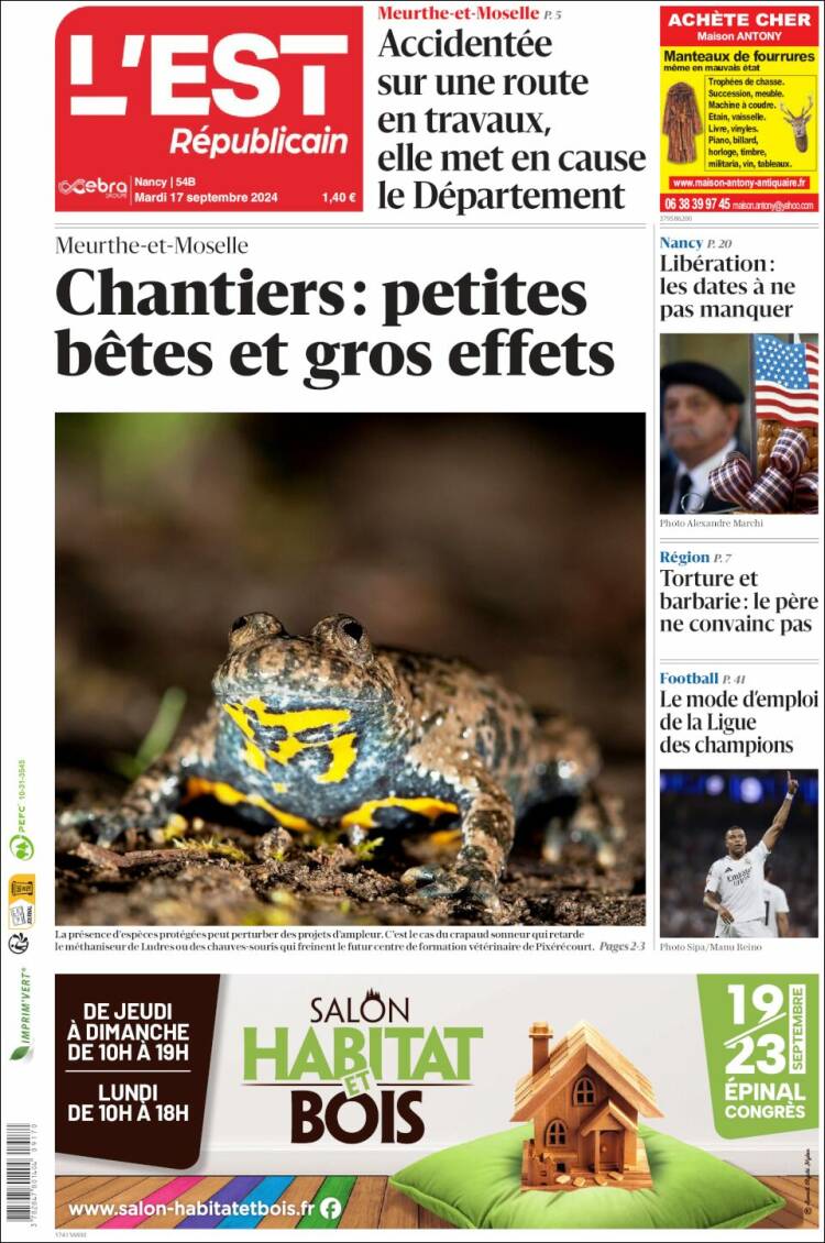 Portada de L'Est Republicain (Francia)