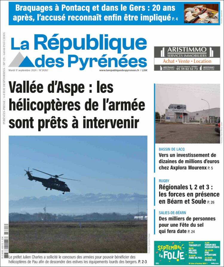 Portada de La République des Pyrénées (Francia)