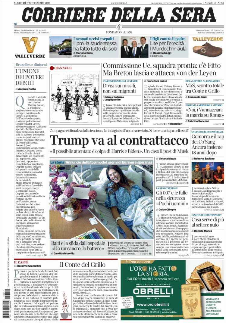 Portada de Corriere della Sera (Italia)