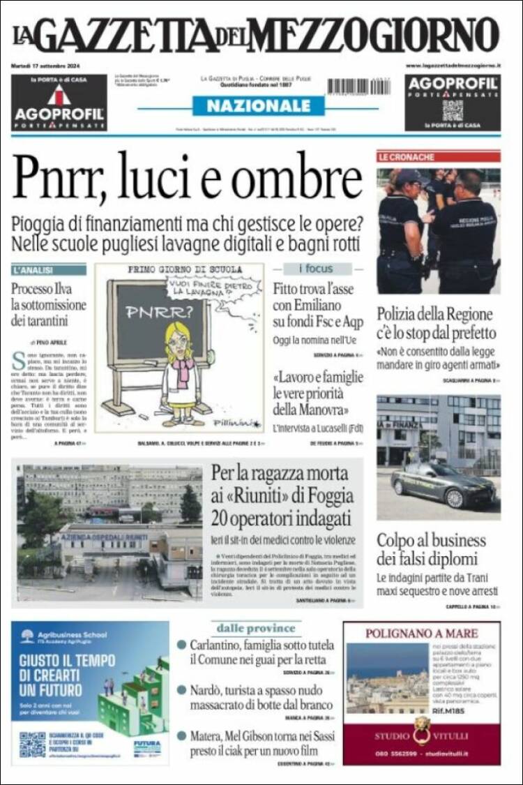 Portada de La Gazzetta del Mezzogiorno (Italia)