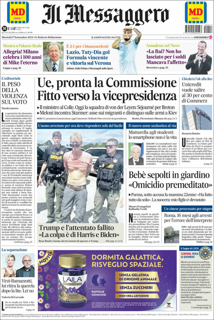 Portada de Il Messaggero (Italia)