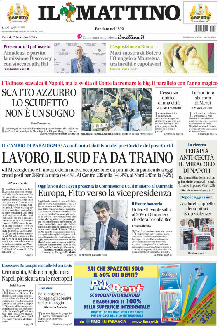 Portada de Il Mattino (Italia)