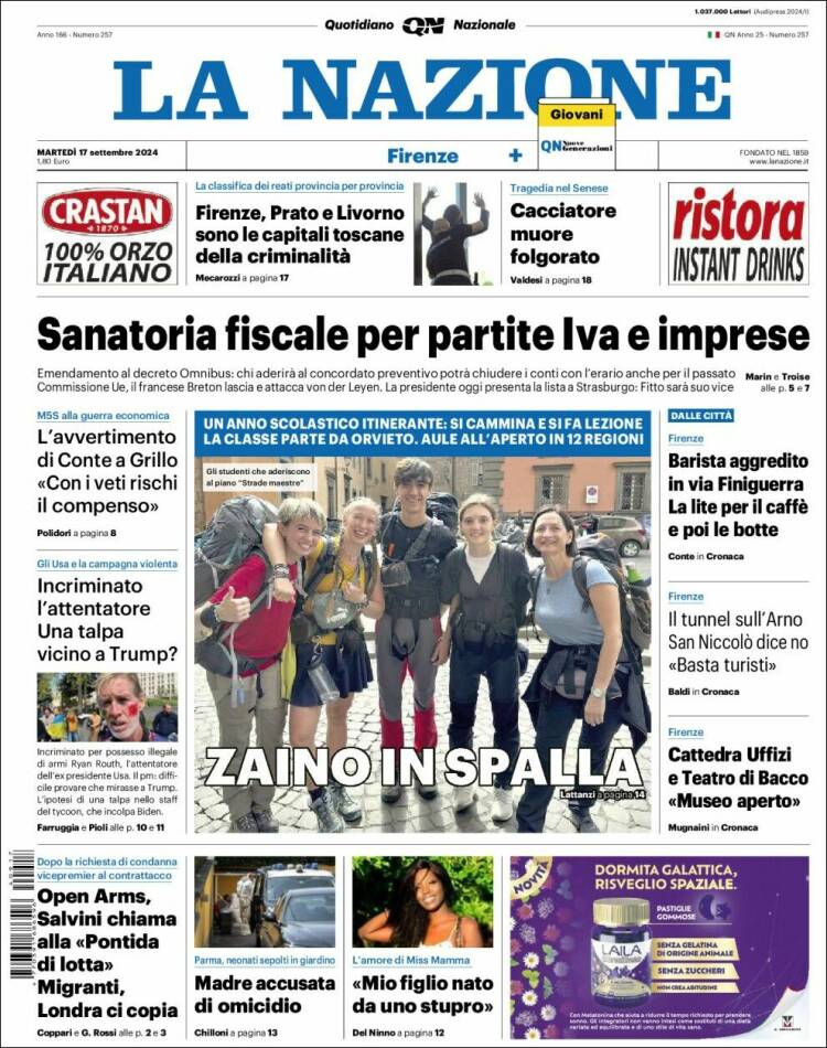 Portada de La Nazione (Italia)