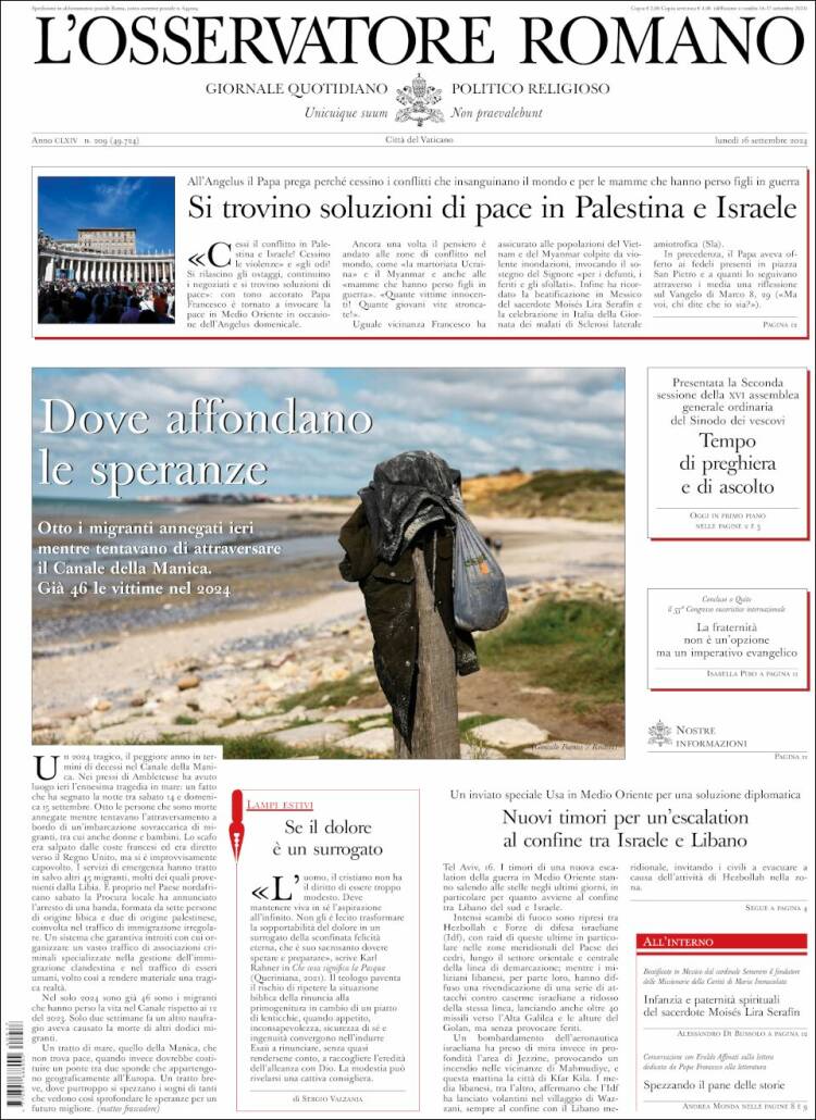 Portada de L'Osservatore Romano (Italia)