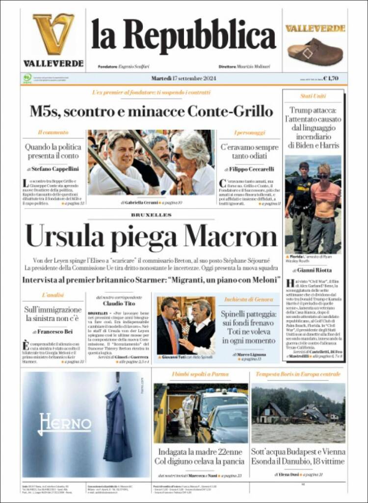 Portada de La Repubblica (Italia)
