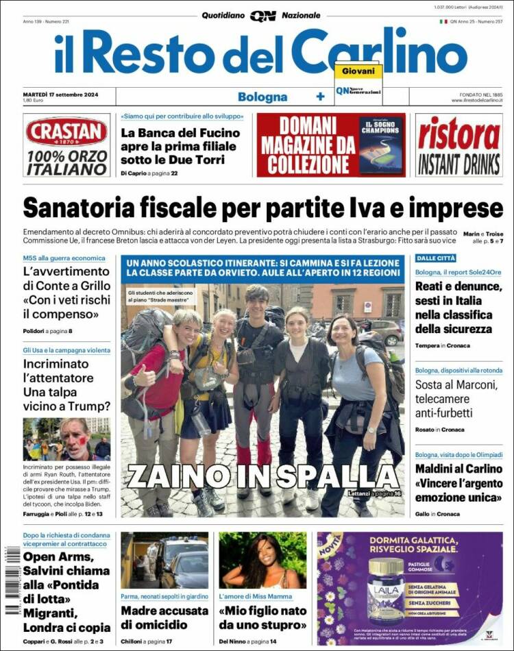 Portada de Il Resto del Carlino (Italia)