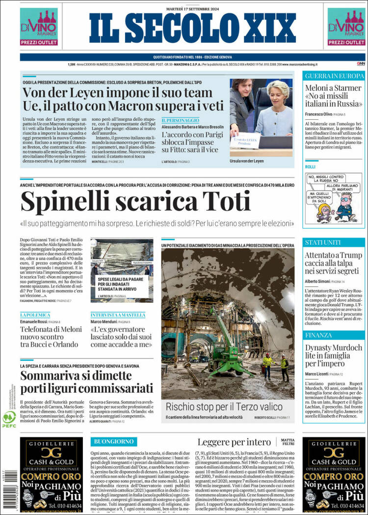 Portada de Il Secolo XIX (Italia)