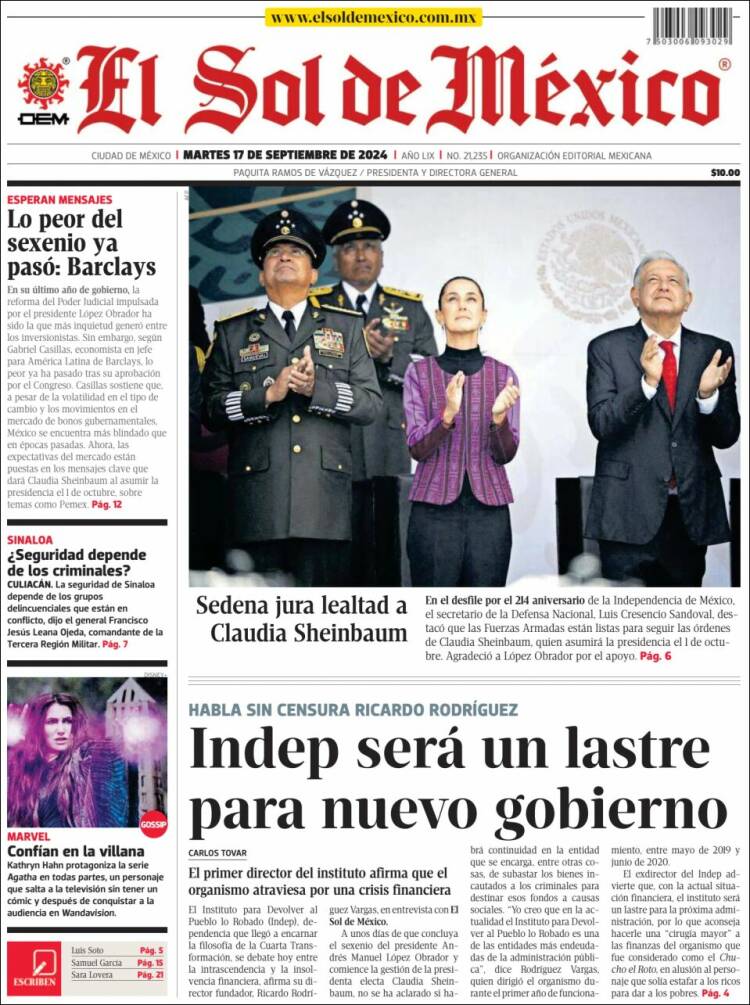 Portada de El Sol de México (México)