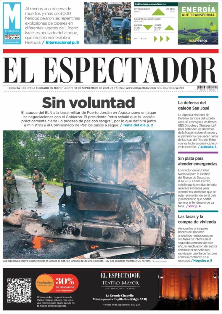 Portada de El Espectador (Colombia)