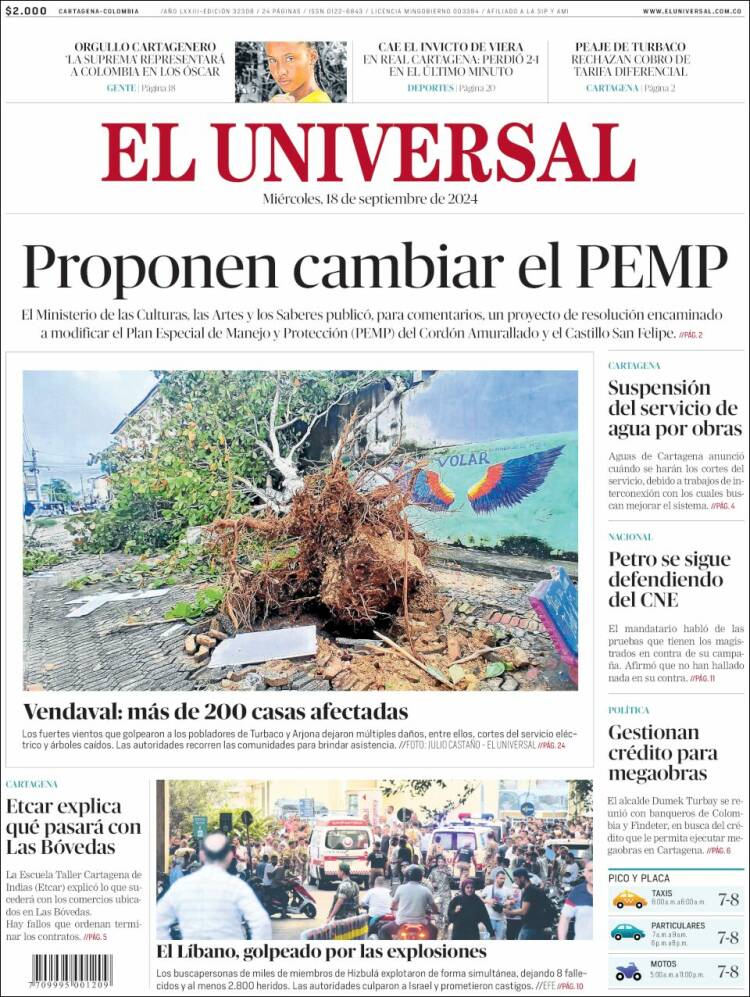 Portada de El Universal (Colombia)