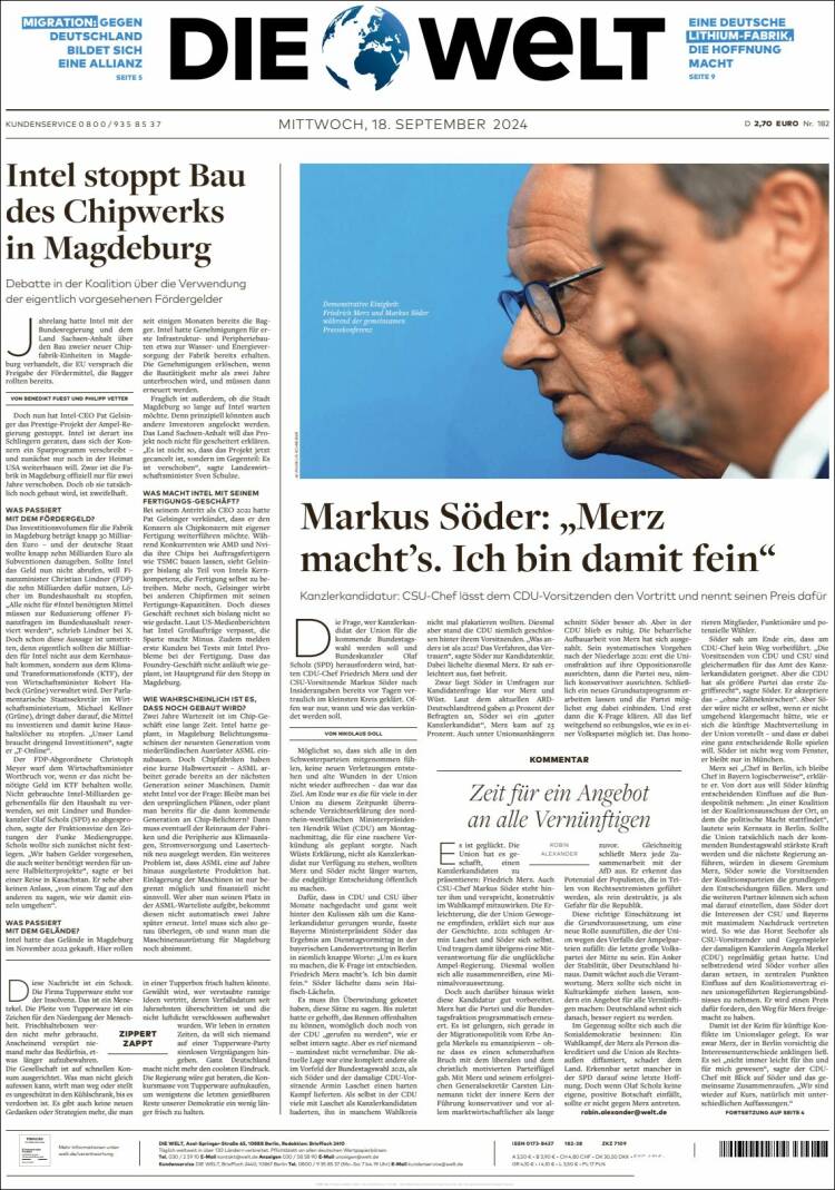 Portada de Die Welt (Alemania)