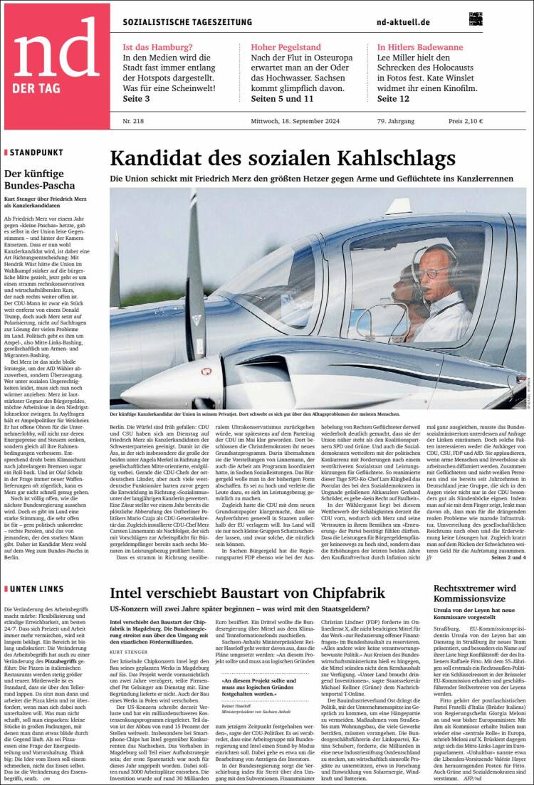 Portada de Neues Deutschland (Alemania)