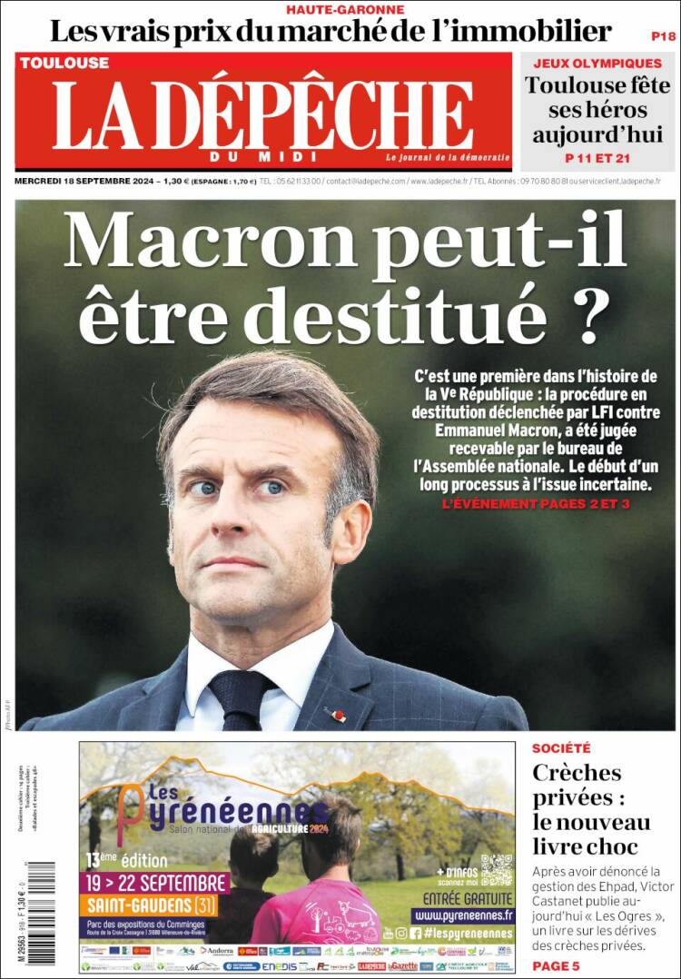 Portada de La Dépêche du Midi (Francia)