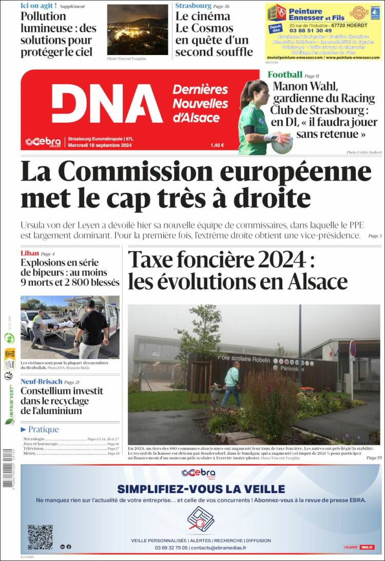 Portada de Les Dernières Nouvelles d'Alsace (Francia)