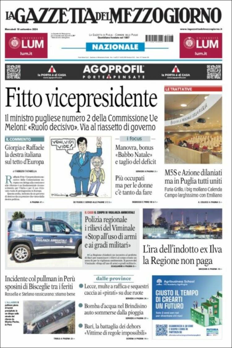 Portada de La Gazzetta del Mezzogiorno (Italia)