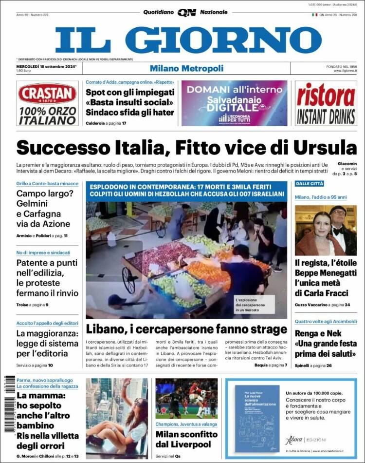 Portada de Il Giorno (Italia)