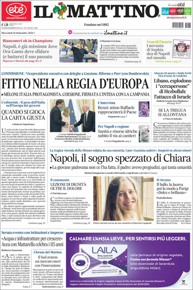 Portada de Il Mattino (Italia)