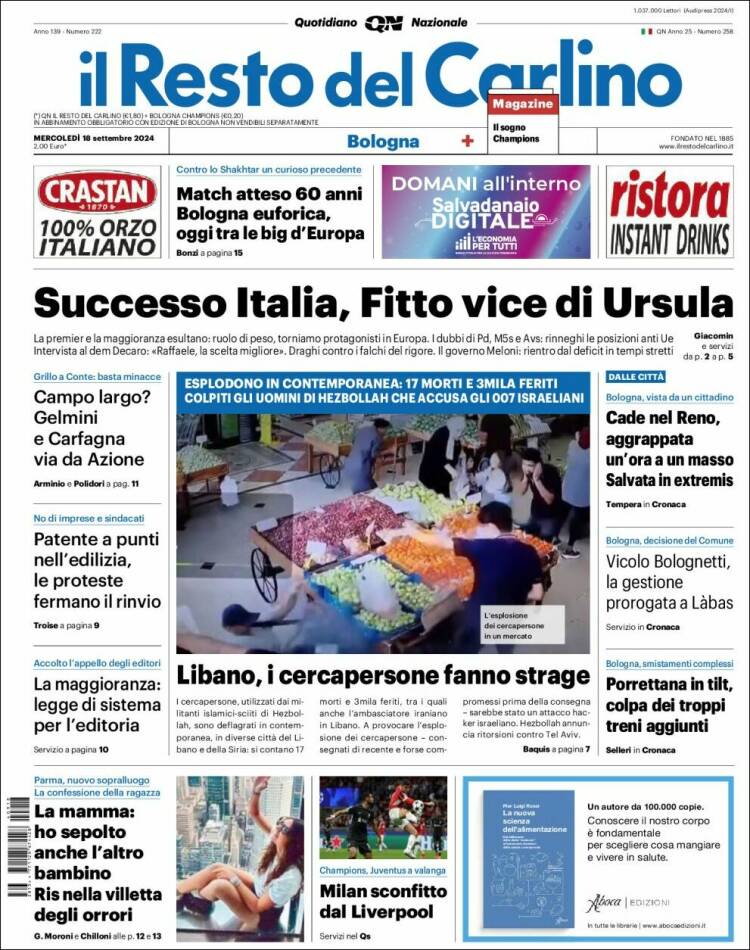 Portada de Il Resto del Carlino (Italia)