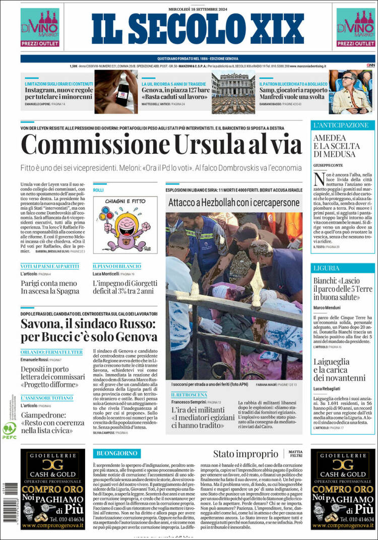 Portada de Il Secolo XIX (Italia)