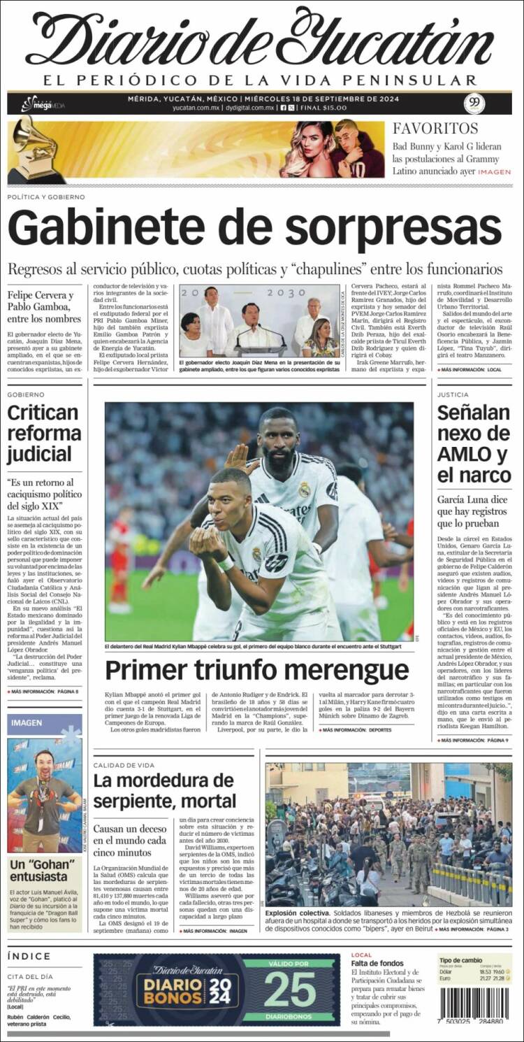 Portada de Diario de Yucatán (México)