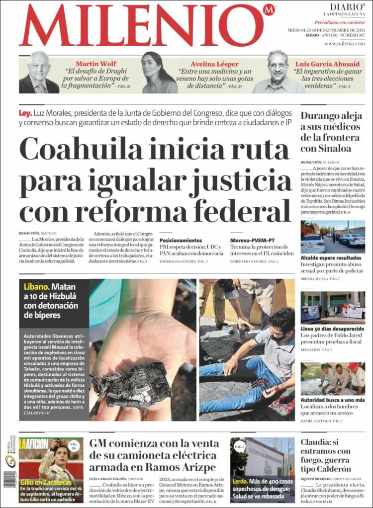 Portada de Milenio - Laguna (México)