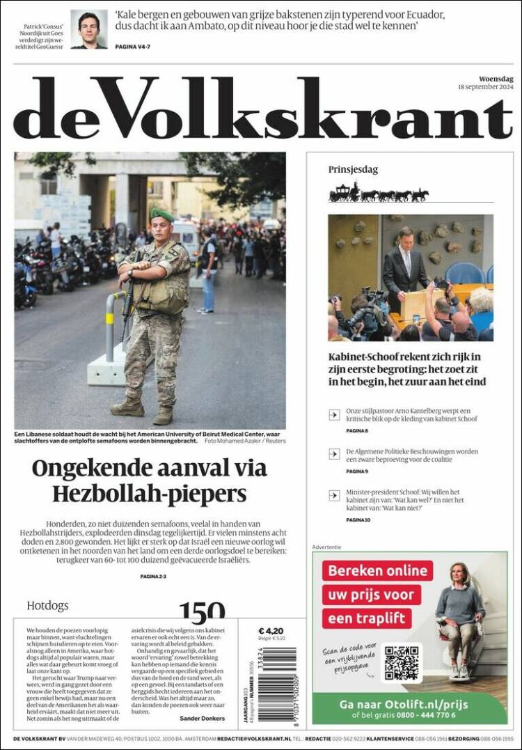 Portada de De Volkskrant (Pa&iacute;ses Bajos)