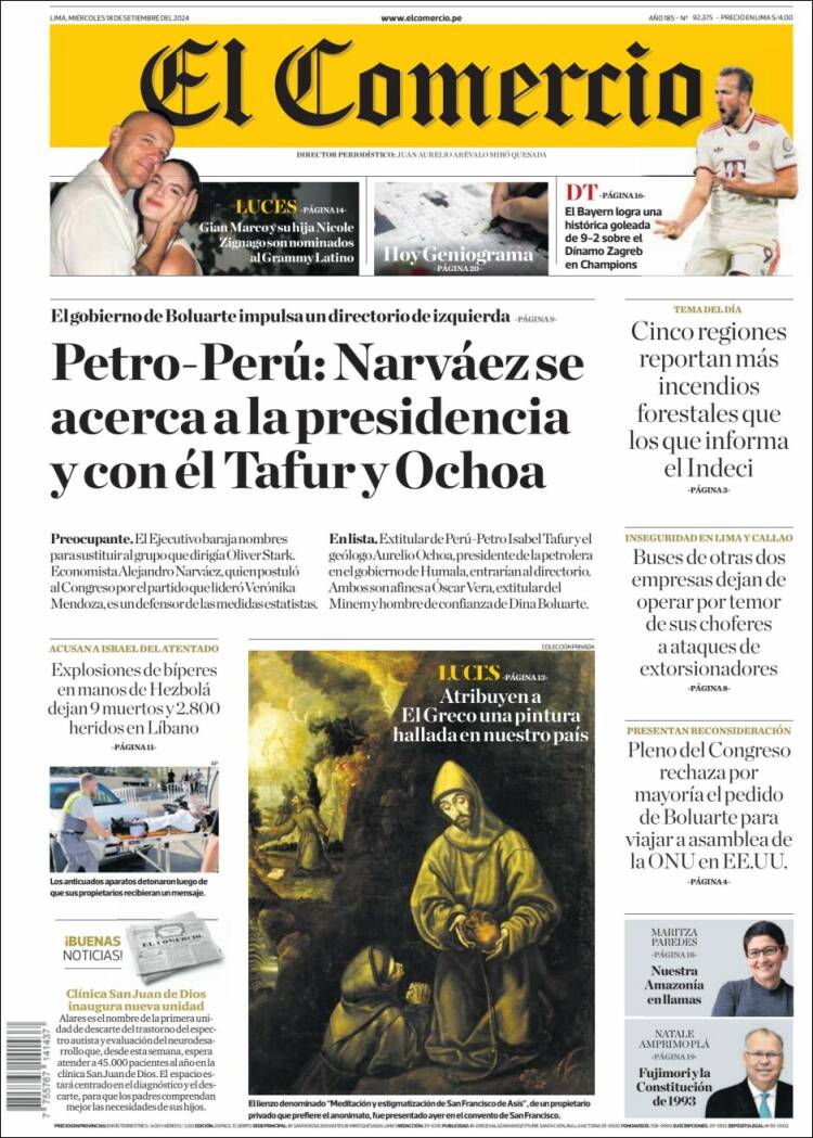 Portada de El Comercio (Pérou)