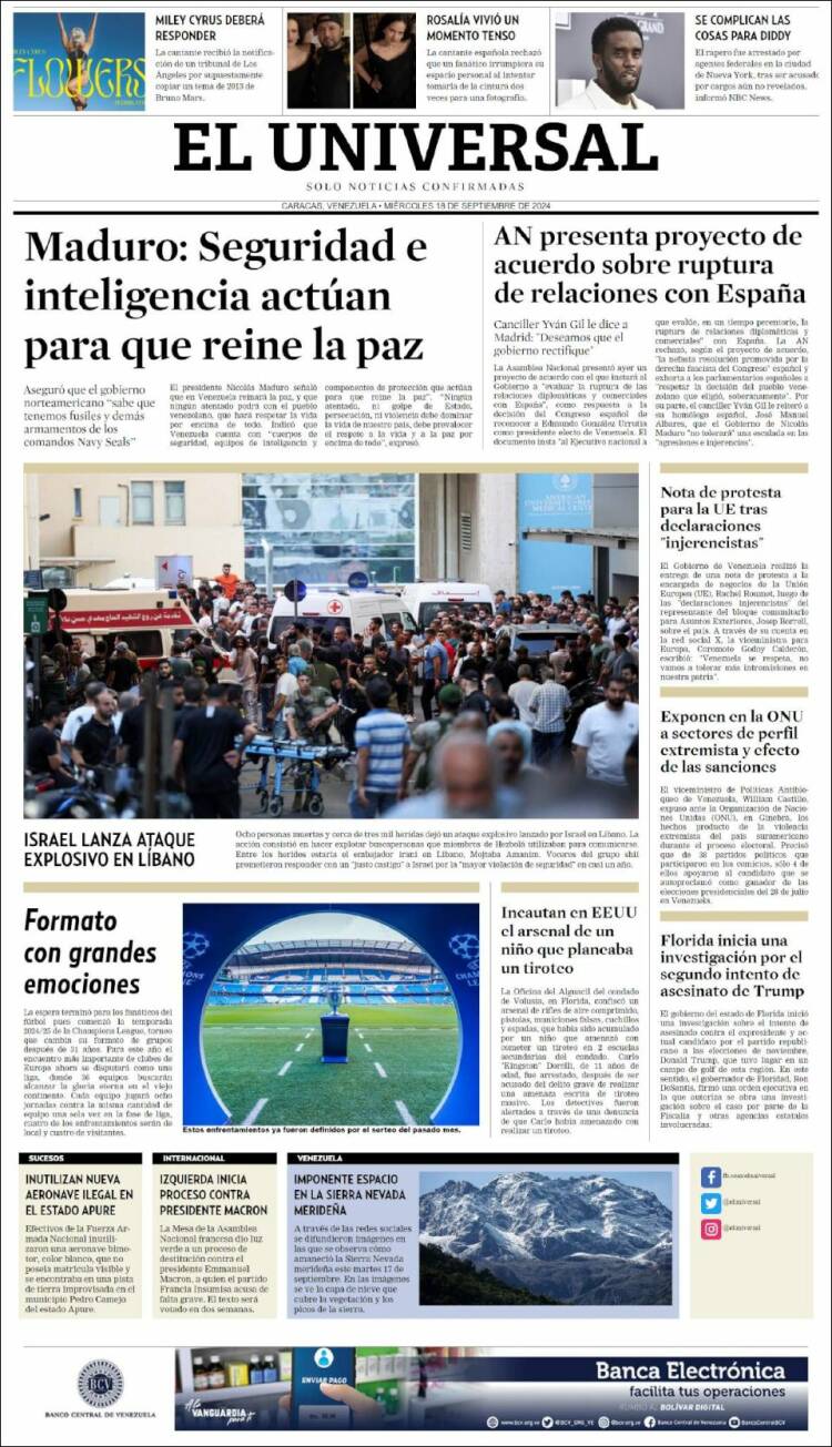 Portada de Universal (Venezuela)