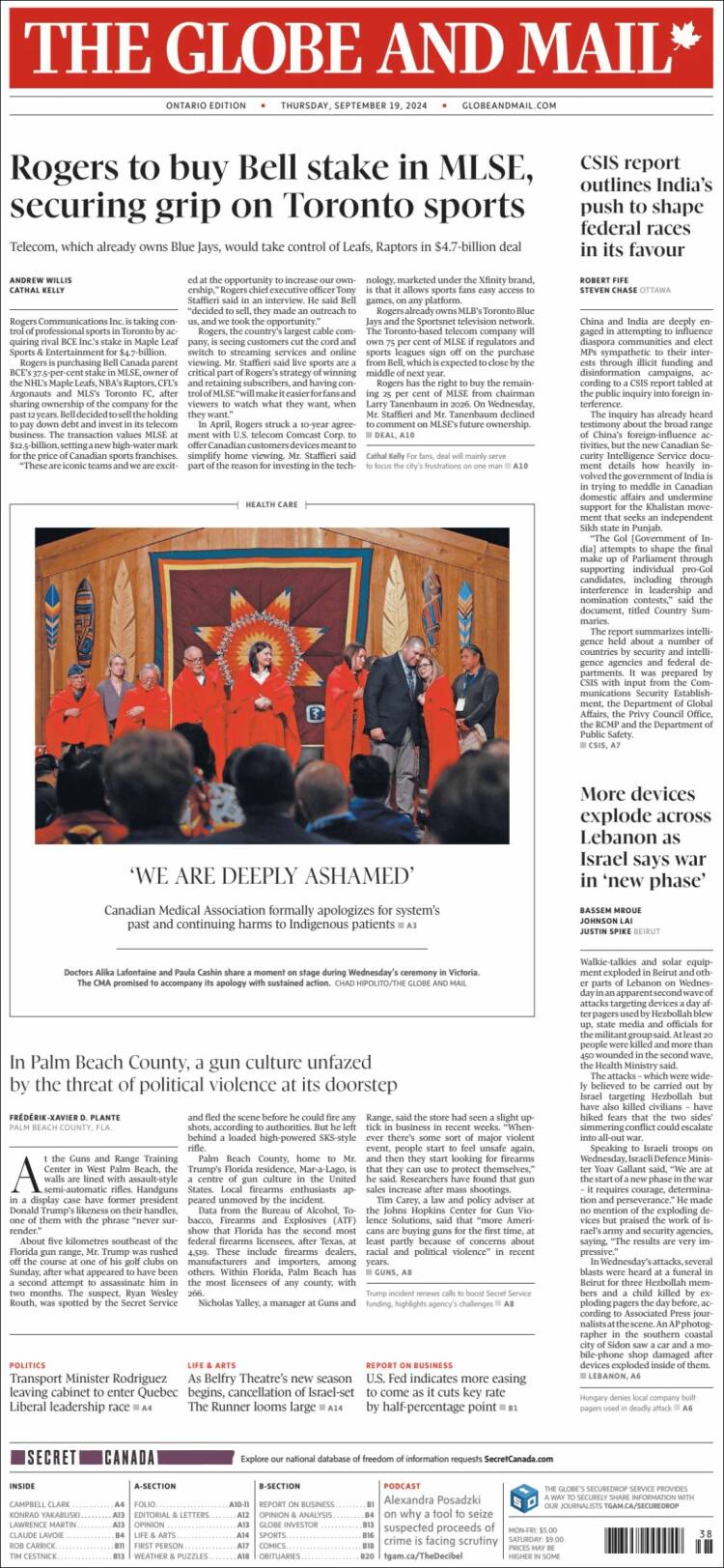 Portada de The Globe and Mail (Canadá)