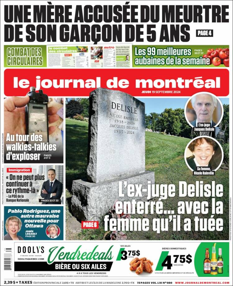 Portada de Le Journal de Montréal (Canadá)