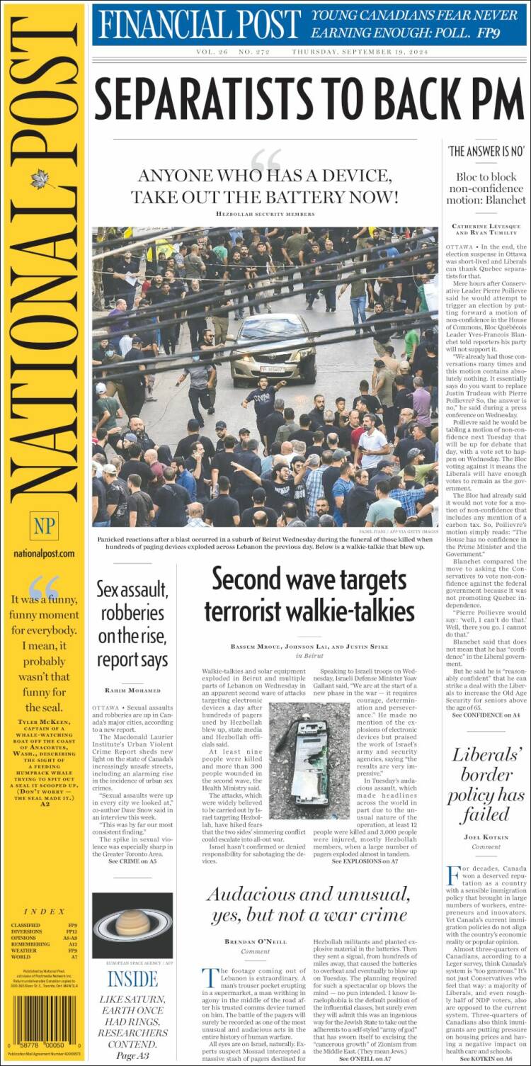Portada de The National Post (Canadá)