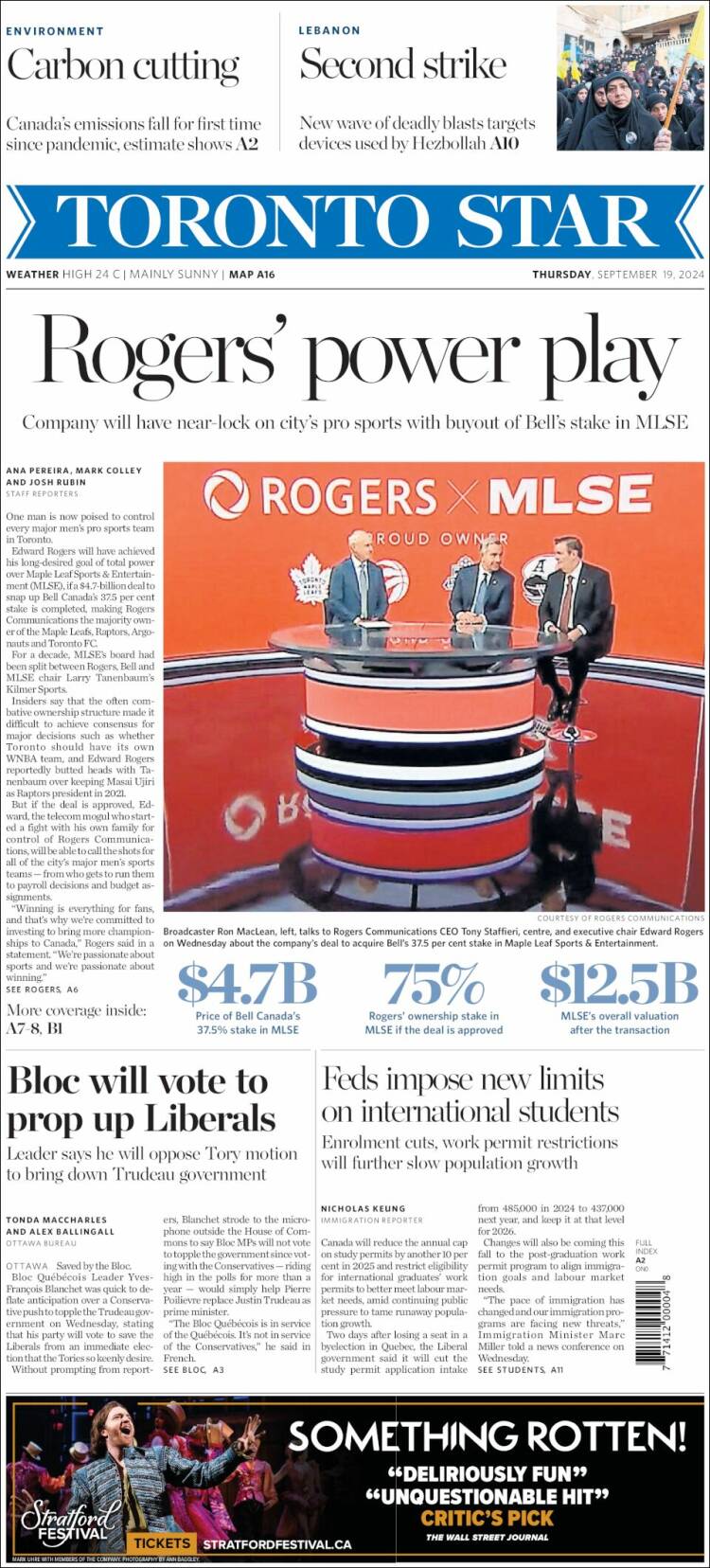 Portada de The Toronto Star (Canadá)