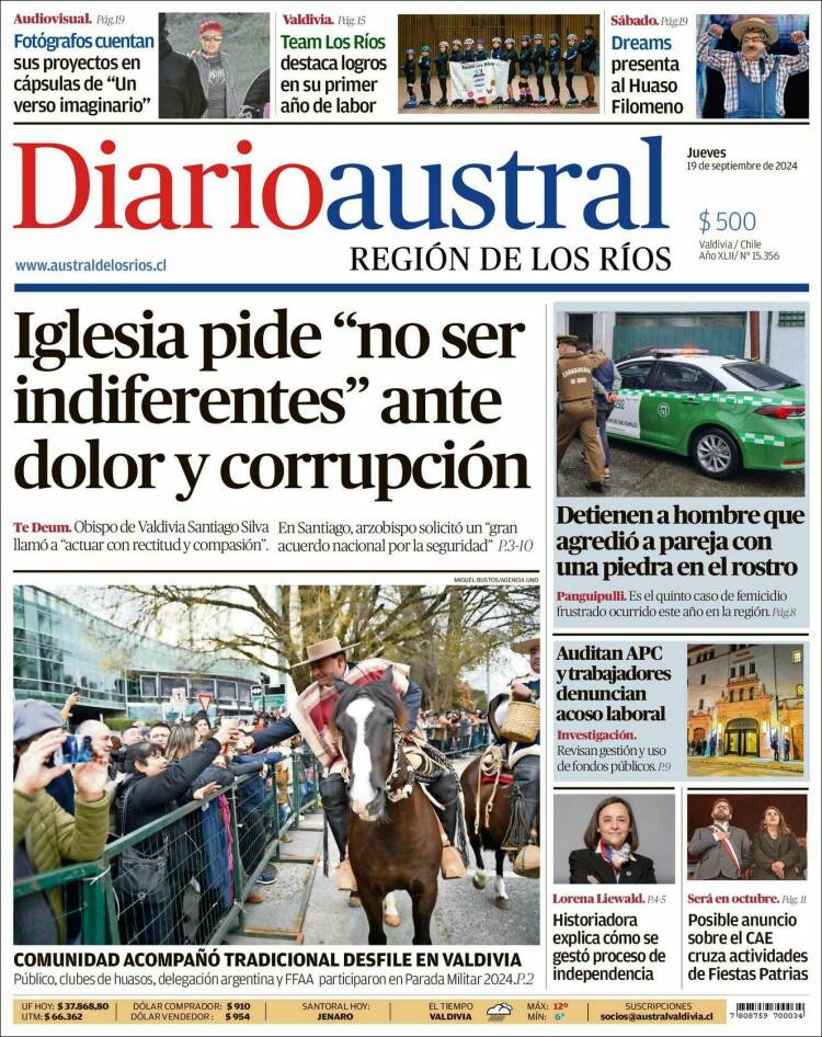 Portada de El Diario Austral de Valdivia (Chile)