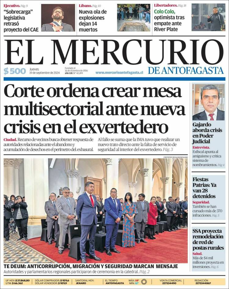 Portada de El Mercurio de Antofagasta (Chile)