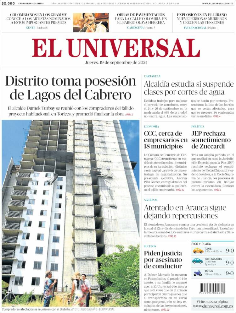 Portada de El Universal (Colombia)