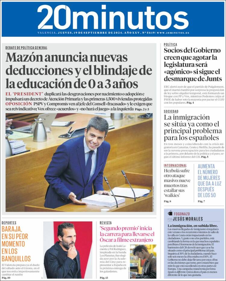 Portada de 20 Minutos - Valencia (España)